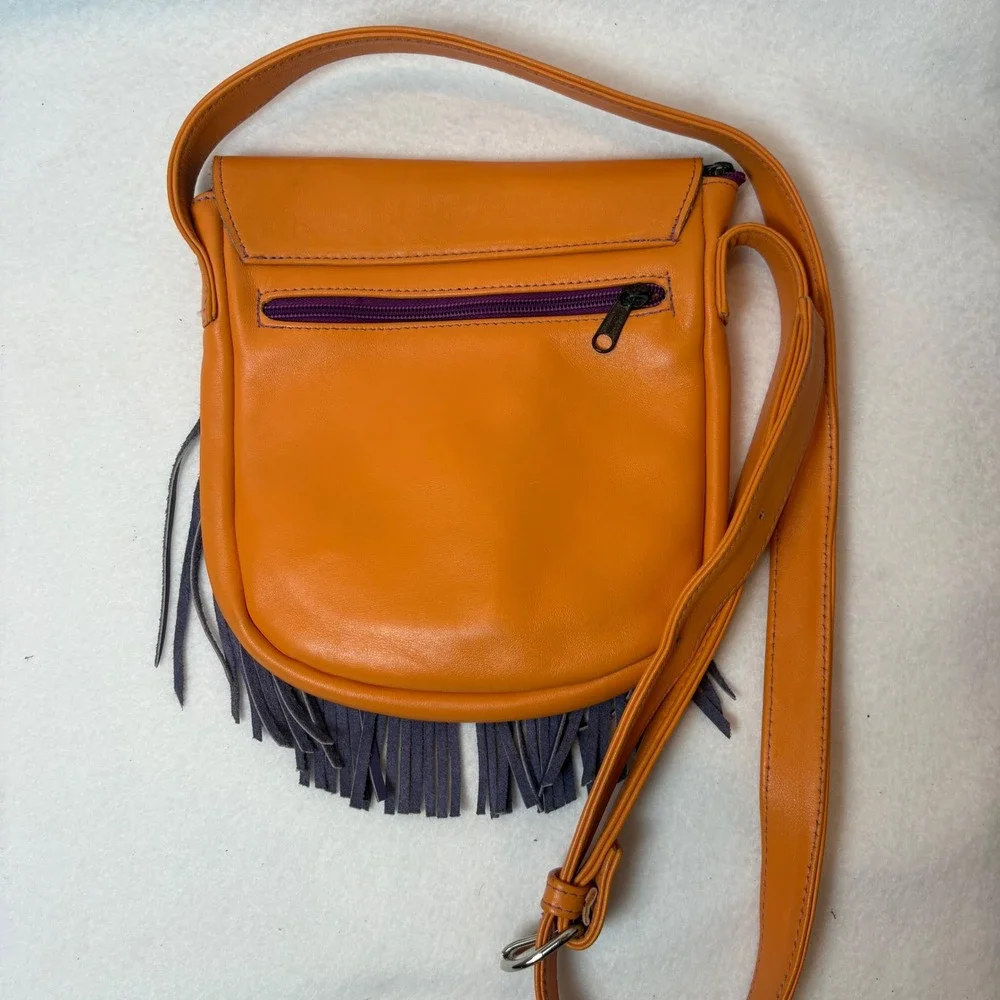 Vintage Boho Orange Leather Purple Fringe Crossbody Bag Village Tannery NYC